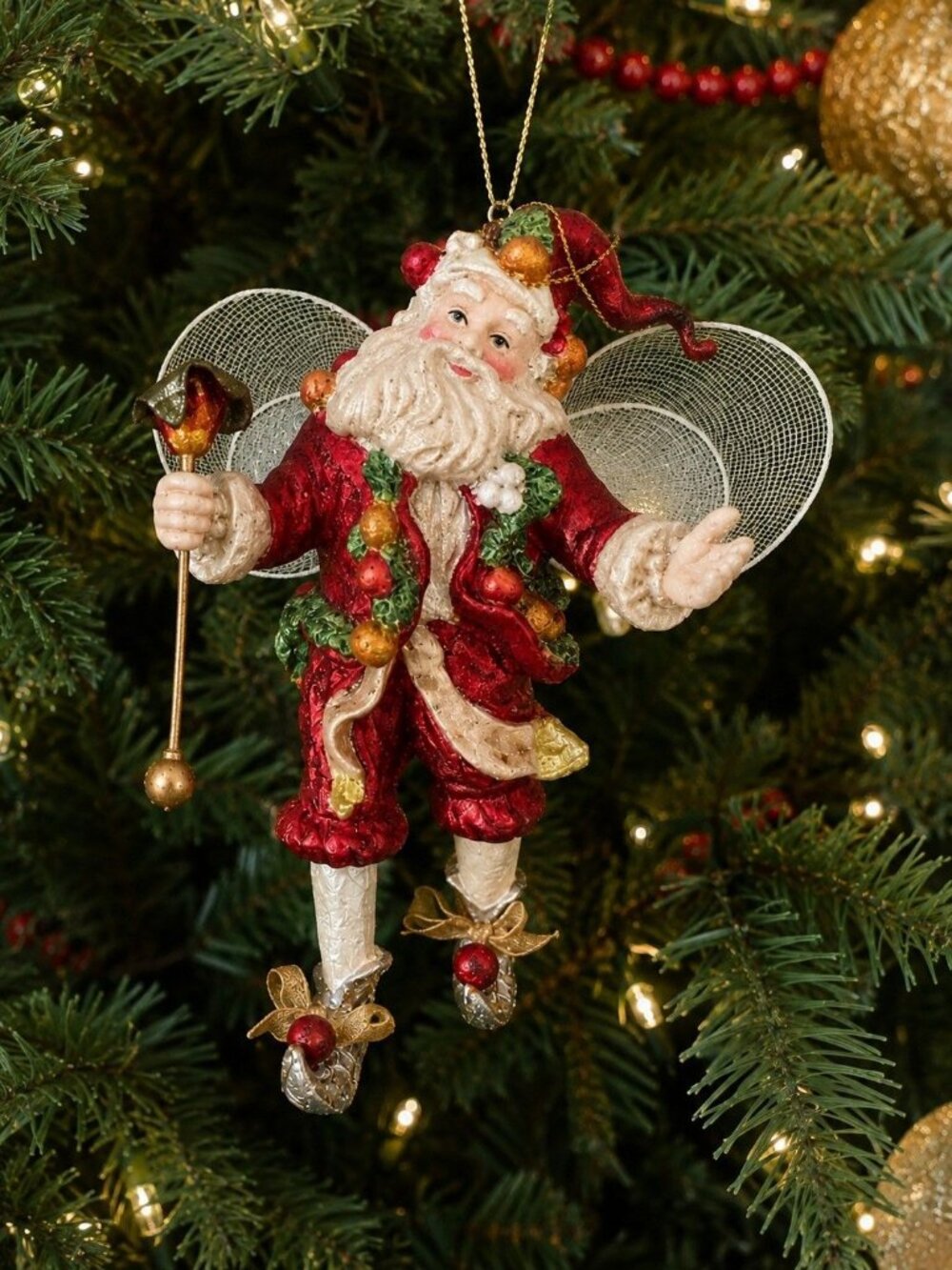 Vintage Santa Fairy Christmas Ornament 6" Mesh Wings Wand Folk Art